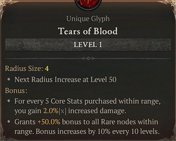 Diablo 4 tears of blood unique glyph how to get stats bonuses max level tiers