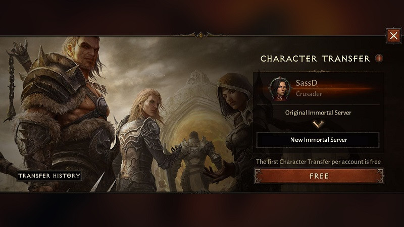 Diablo Immortal character server transfer price requirements how to use changes list not moving over