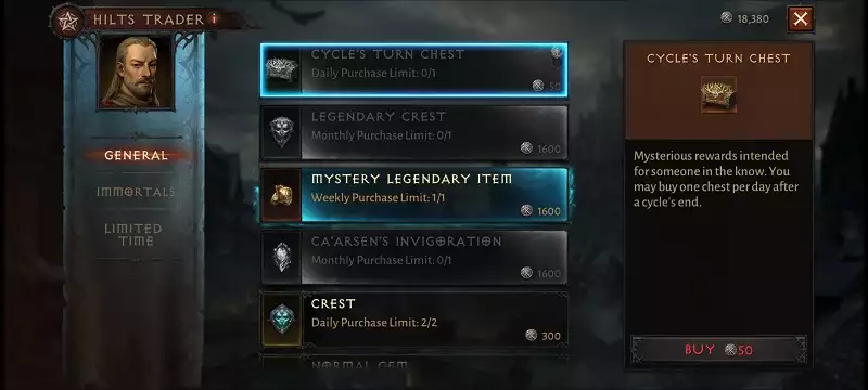 Diablo Immortal Cycle's Turn chest missing rewards all how to get hilts trader price