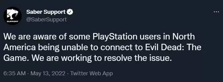 Evil Dead The Game servers down check server status connection network issues unable to connect saber support errors