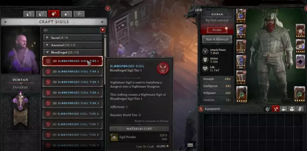Diablo 4 Bloodforged Sigils crafting cost powder access abbattior of zir endgame event