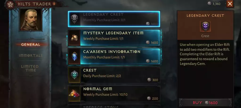 Diablo Immortal hilts how to farm get more trader location items to buy legendary crests limited time dialy monthly weekly stock