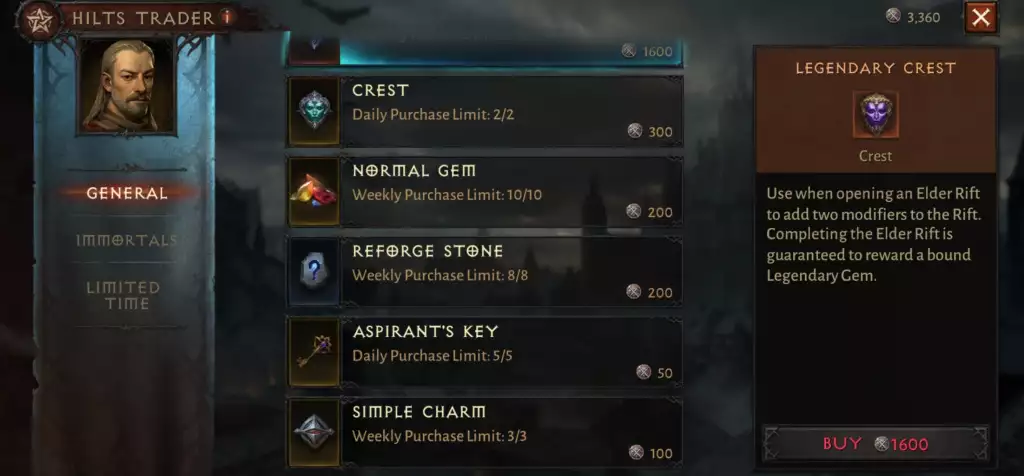 Diablo Immortal hilts how to farm get more trader location items to buy legendary crests limited time dialy monthly weekly stock