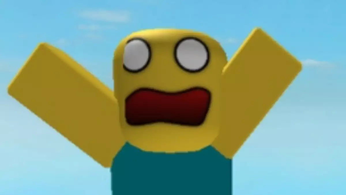Funny roblox avatar with silly expression and sign
