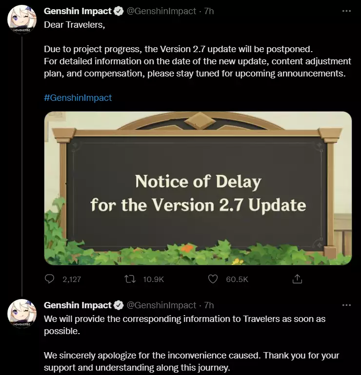 Genshin Impact 2.7 update has been postponed. 