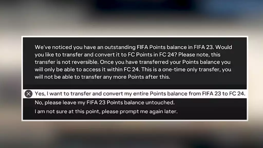 Transferring FIFA Points to EA FC 24.
