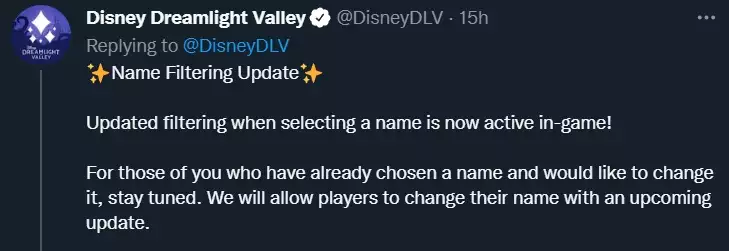 Disney dreamlight valley name change feature character avatar filtering issue launch