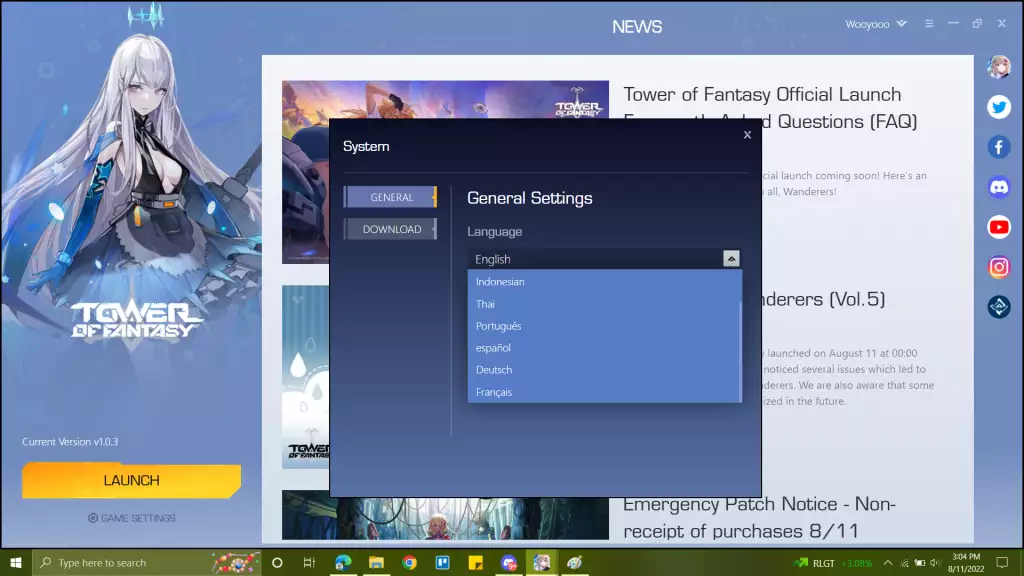 Steps to change Tower of Fantasy language from the launcher. 