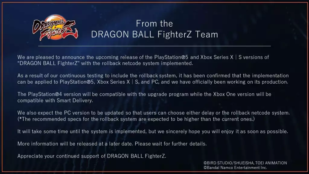 dragon ball fighterz rollback netcode announcement evo 2022 twitter