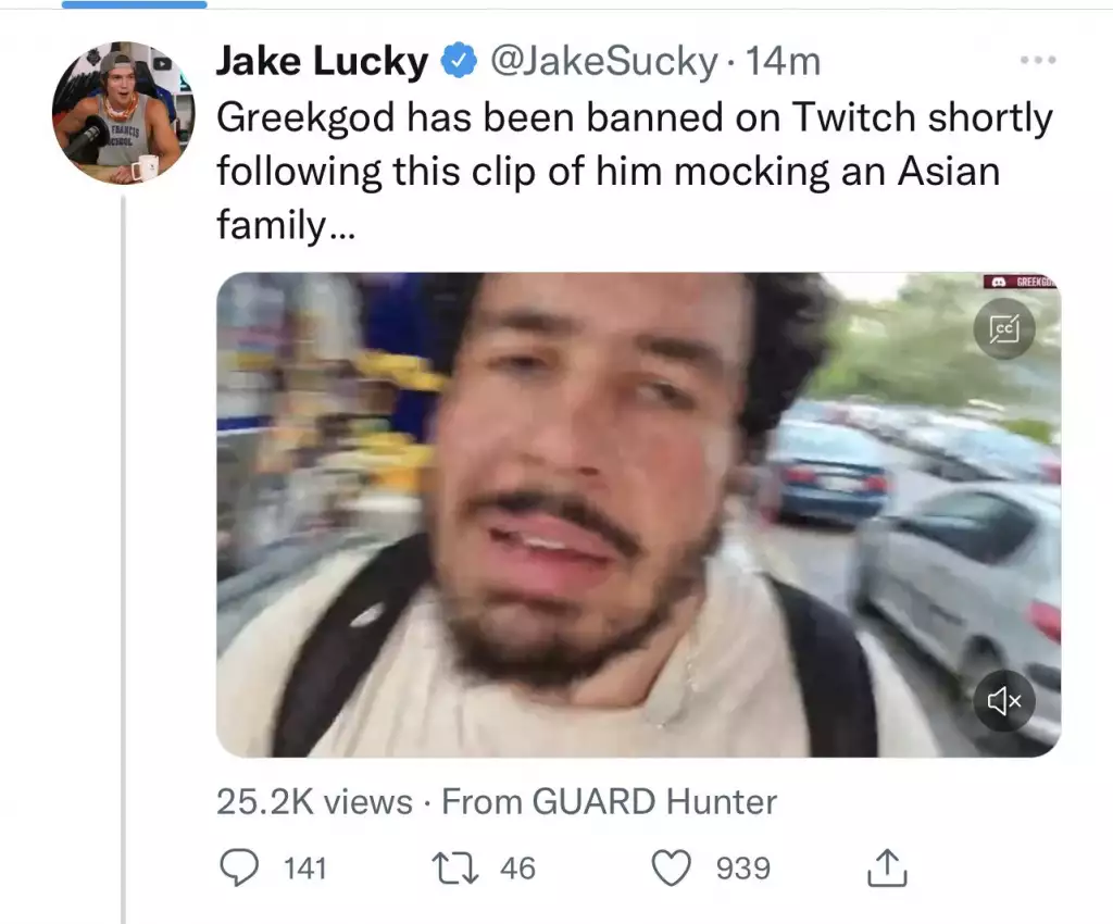 jake lucky why was greekgodx banned twitch mocking asian family racism