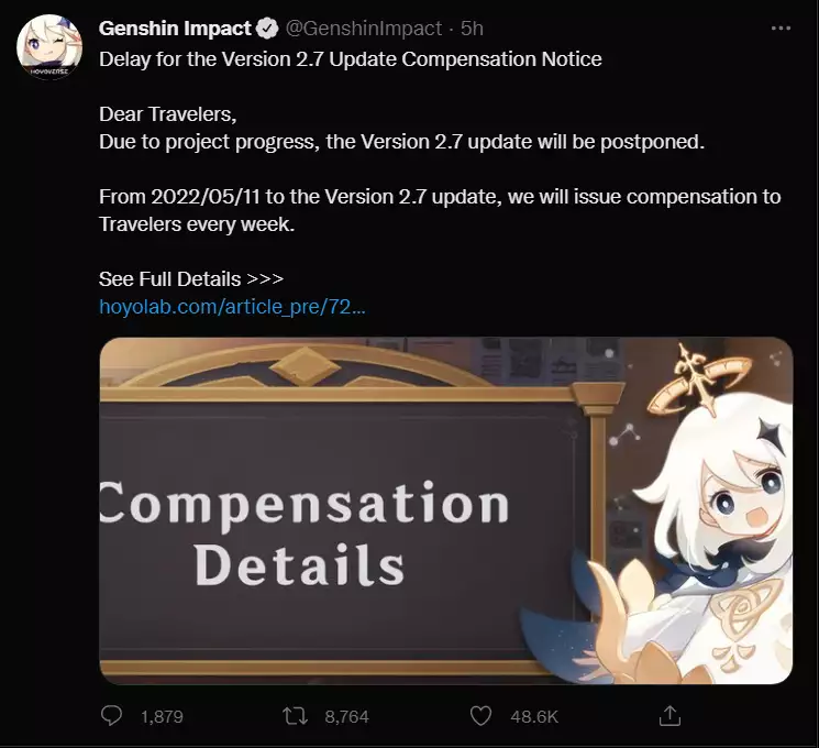 Compensation announced for Travelers because of the delay in release of Genshin Impact 2.7 update