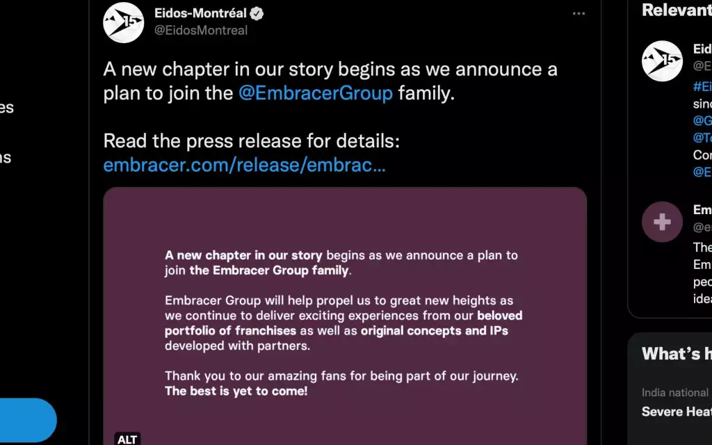 embracer group square enix studio acquisition eidos montreal twitter tweeted post statement
