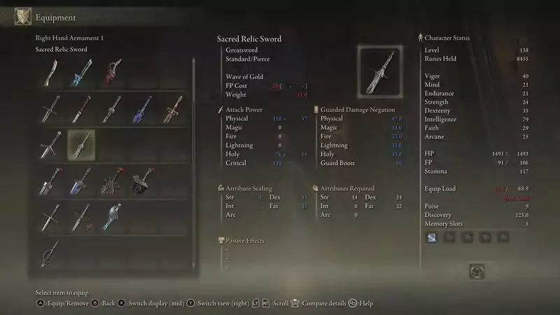 The stats for the Sacred Relic Sword outlined as well as the cost of the Wave of Gold Skill.