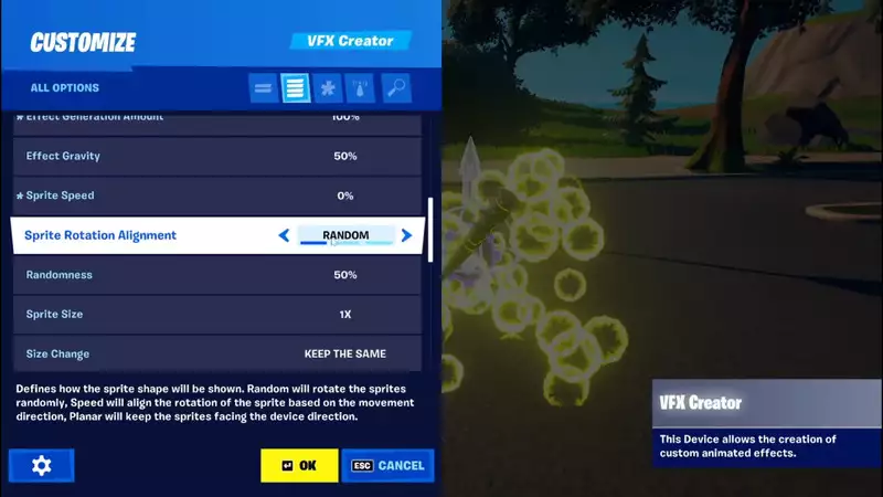 The VFX creator device menu is used to customise sprites.