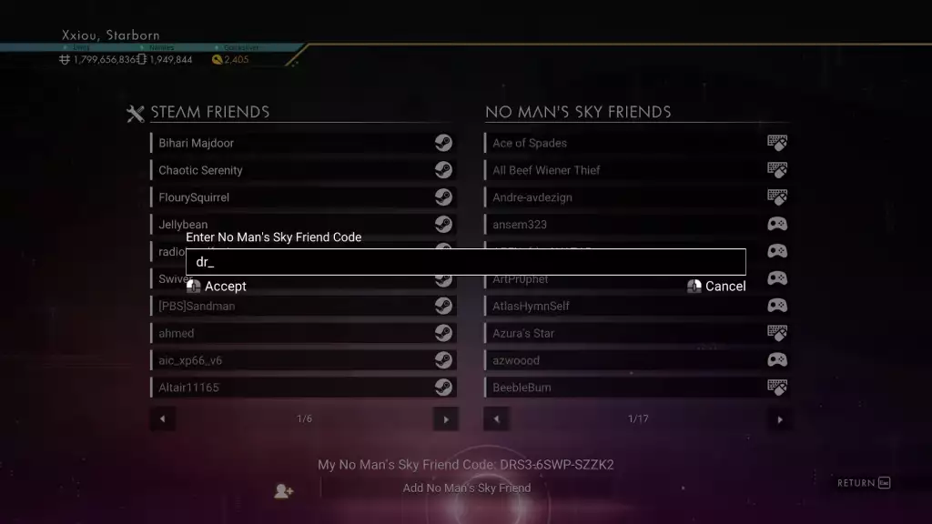 Joining friend's party in No Man's Sky