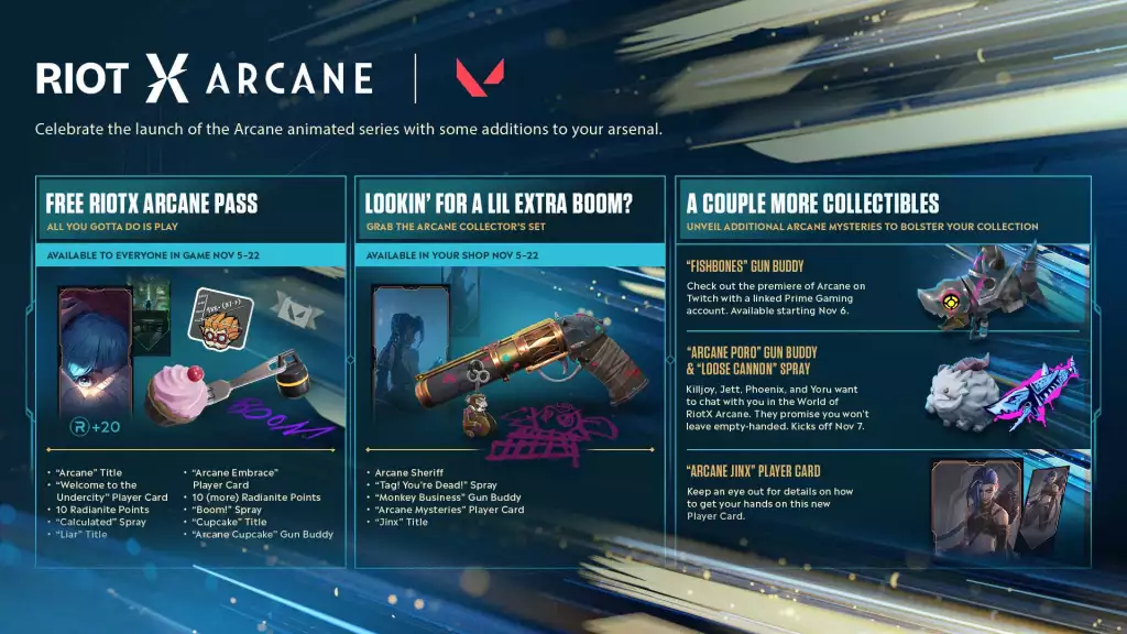 Tất cả các vật phẩm trong trò chơi đều có sẵn trong Valorant như một phần của lễ kỷ niệm ra mắt Arcane năm 2021.