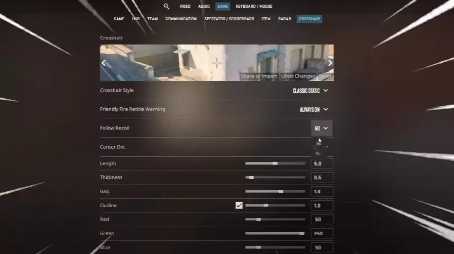 Counter-Strike 2 follow recoil crosshair setting effect enable how to menu CS2