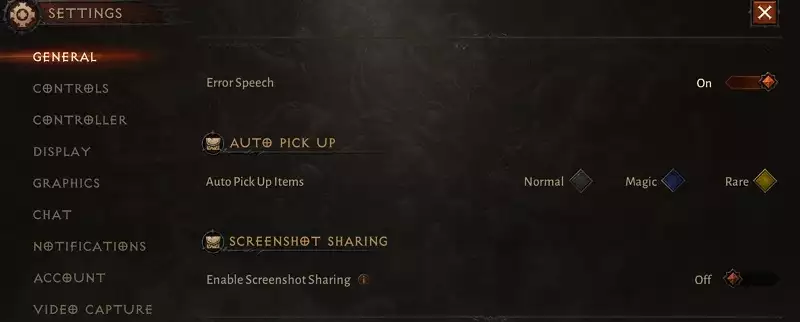 Diablo Immortal auto pick up feature items loot rarities common magic rare how to enable disable guide settings
