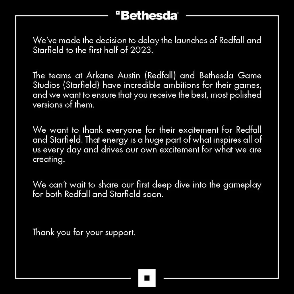 bethesda starfield redfall delayed release date social media xbox bethesda games showcase