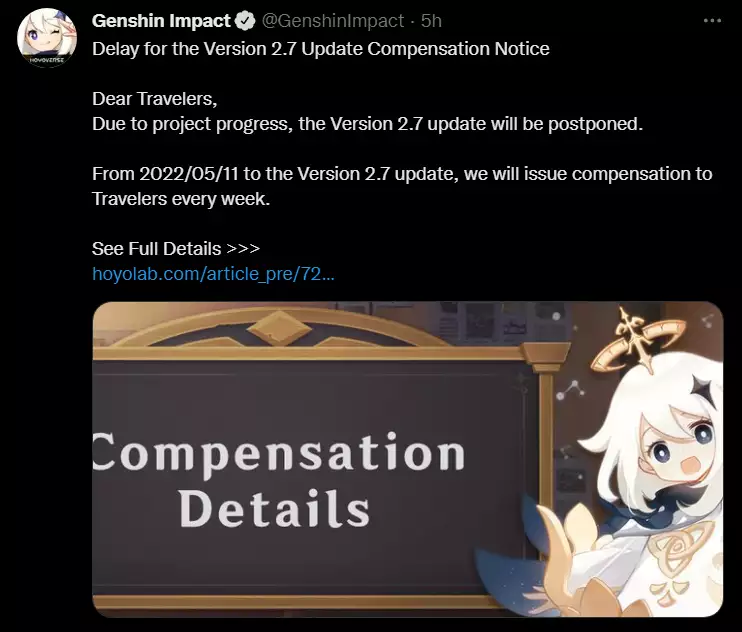 Weekly compensation announced for delay in Genshin Impact 2.7 release. 