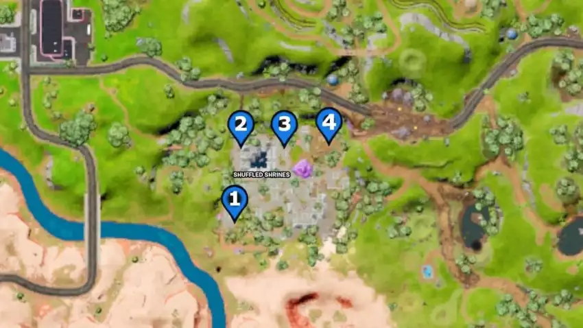 All four stone locations in Fortnite Shuffled Shrines