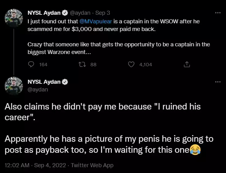 call of duty warzone news aydan vapulear accusations scamming unsolicited nude images