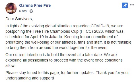 Garena Free Fire statement facebook Coronavirus Free Fire Champions Cup (FFCC) 2020 postponed