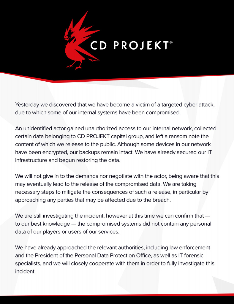 CD Projekt Red CDPR cyber attack hackers ransom note