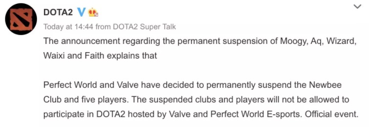 Dota 2 newbee permanently banned Valve match-fixing