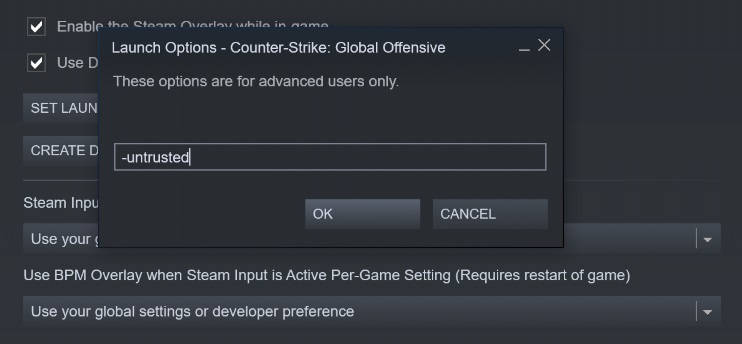 CS:GO Trusted Mode how to disable launch options Valve