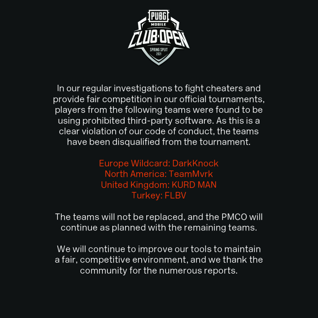 PMCO Spring Split 2021 cheaters teams disqualified pubg mobile esports