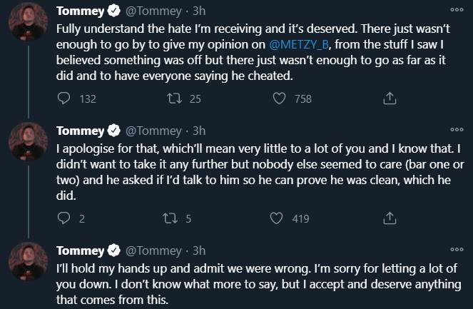 Metzy tommey accusations cheating apologizes warzone twitch rivals