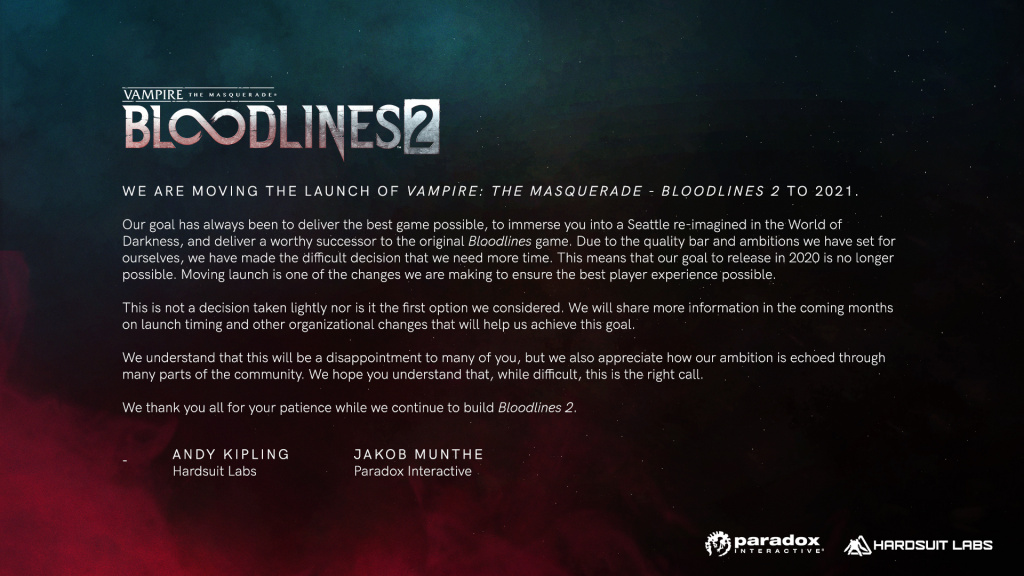 Vampire Bloodlines 2 delayed