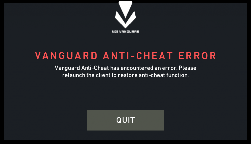 Vanguard anti-cheat kicking people from game Vanguard anti-cheat has encountered an error. Please relaunch the client to restore anti-cheat function.
