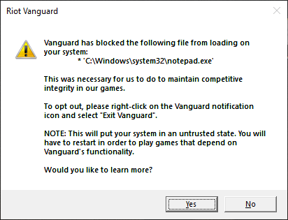 Vanguard has blocked the foillowing file from loading on your system