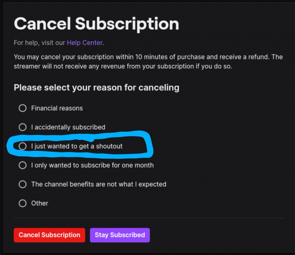 Twitch "just wanted a shoutout sub refund