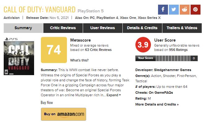 COD Vanguard attracts underwhelming and mediocre review scores from users and critics