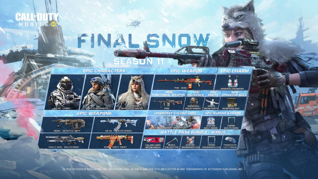 COD Mobile Season 11 battle pass final snow release date time price content characters blueprints bundle premium rewards tiers