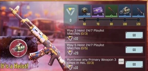 Call of Duty COD Mobile it's a heist event playlist missions rewards AK-47 Cityscape