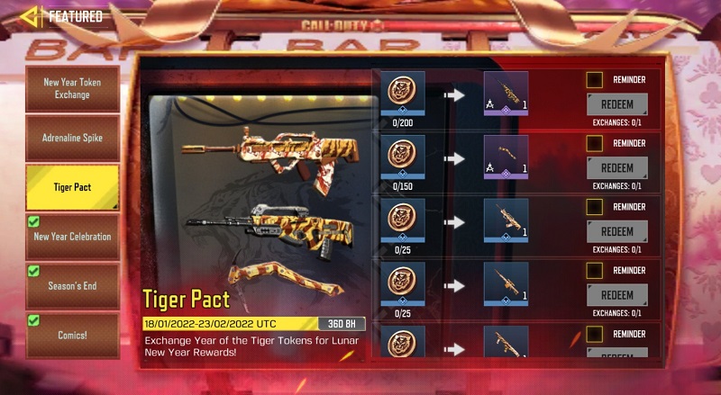 COD Mobile Season 1 2022 Tiger Pact battle royale event all rewards how to get Tiger Coins tokens tips