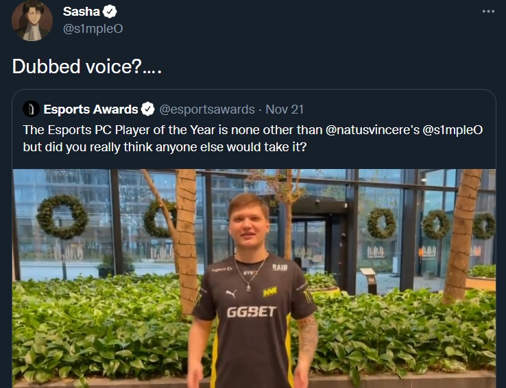 Best Esports Athlete s1mple 2021 Oleksandr Kostyliev dubbed voice video esports awards game awards
