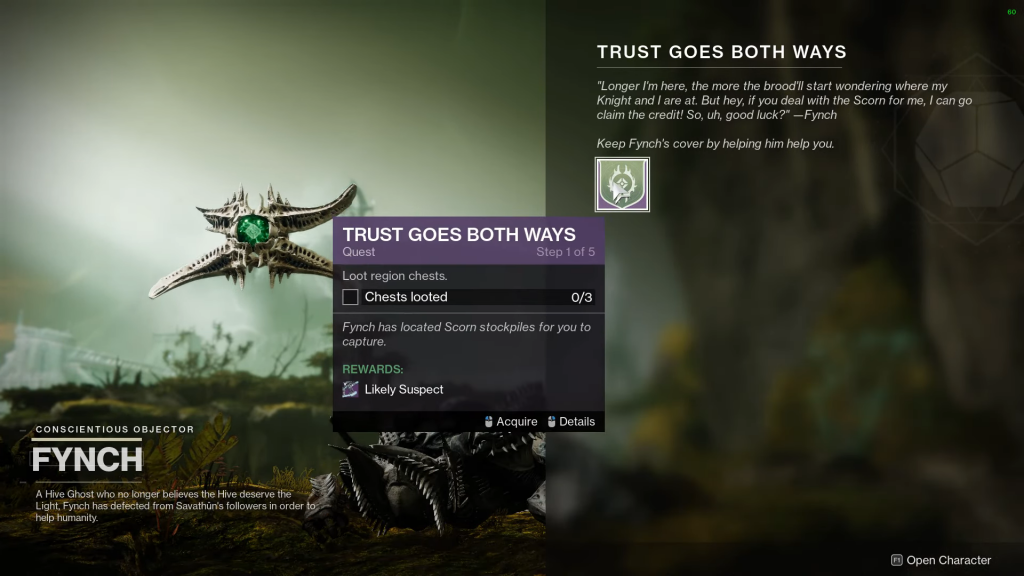 Talk to Fynch to unlock Trust Goes Both Ways quest in Destiny 2.