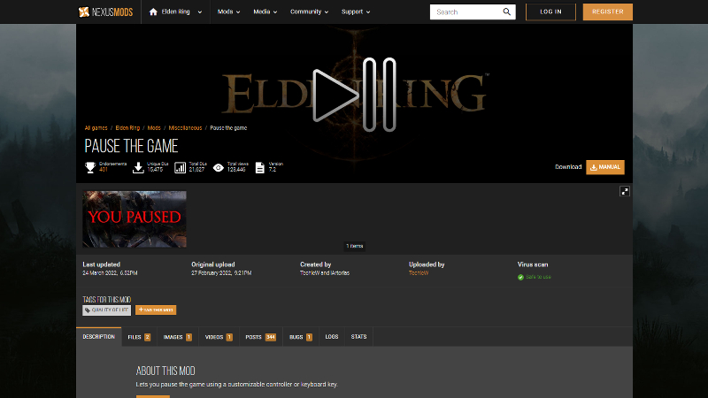 Pause The Game mod for Elden Ring