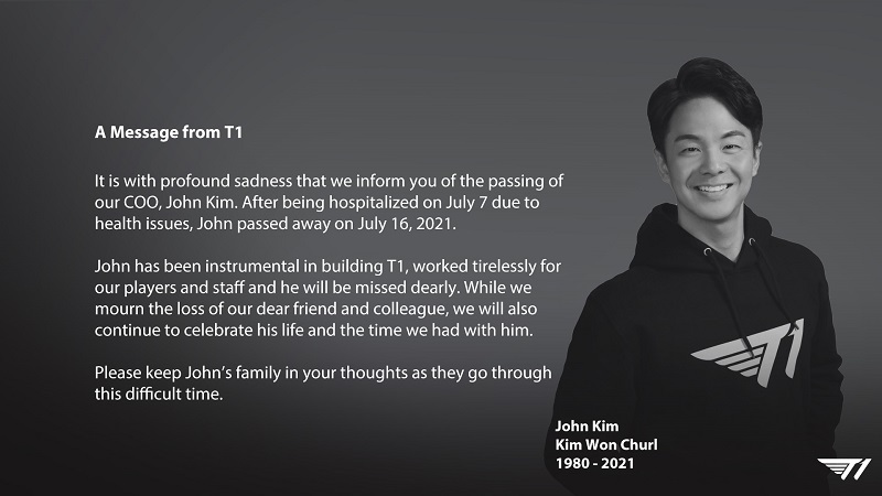 John Kim dies T1 COO esports death hospital health issues