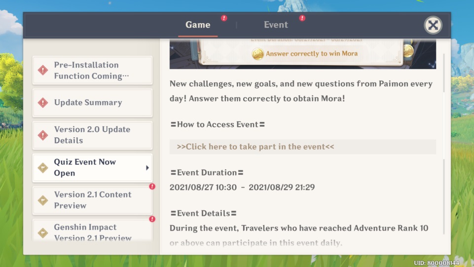 Thousand Questions with Paimon Quiz genshin impact 2.0 answers schedule how to join