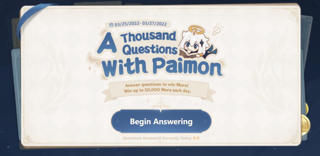 Genshin Impact 2.5 Thousand Questions with Paimon Quiz event how to join answers rewards free mora requirements