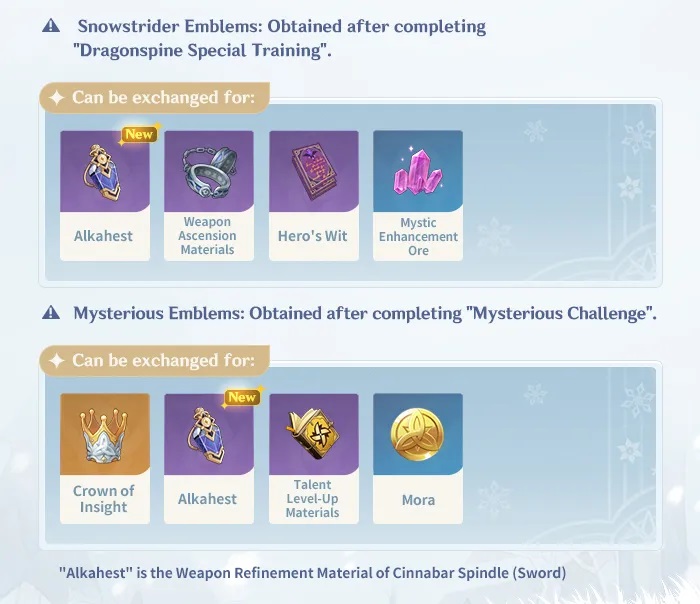 Genshin Impact Alkahest how to get farm effects use refinement material Shadows Amidst Snowstorms Mysterious Emblems Snowstrider Emblems Cinnabar Spindle