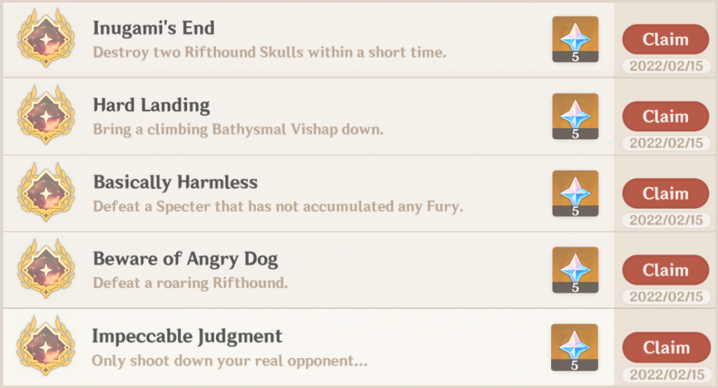 Genshin Impact 2.5 hidden achievements.