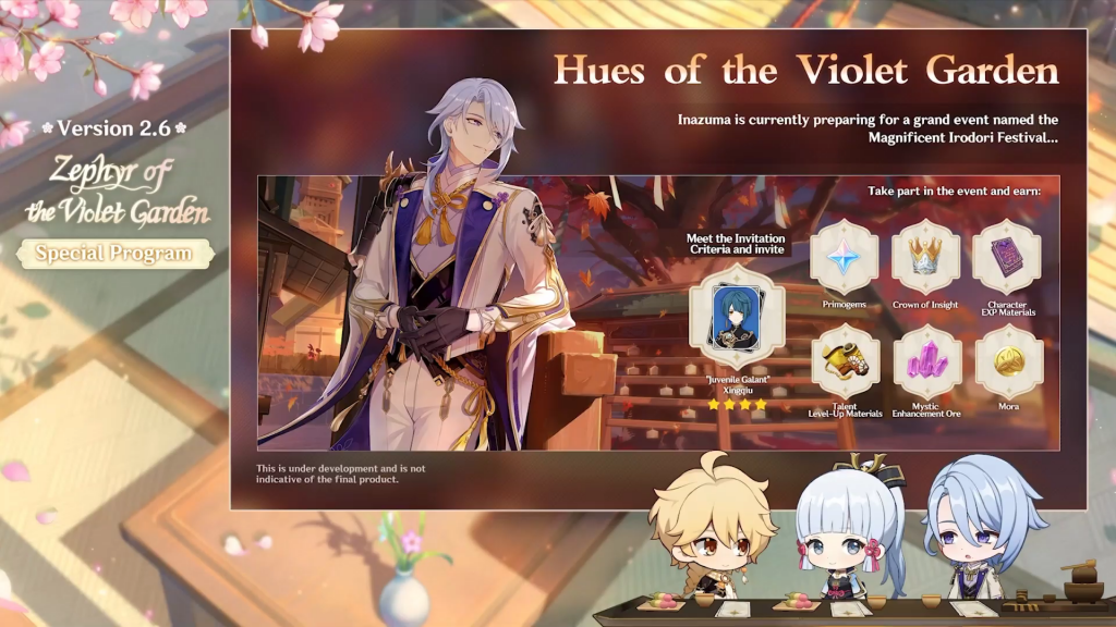 genshin impact 2.6 update events hues of the violet garden irodori festival