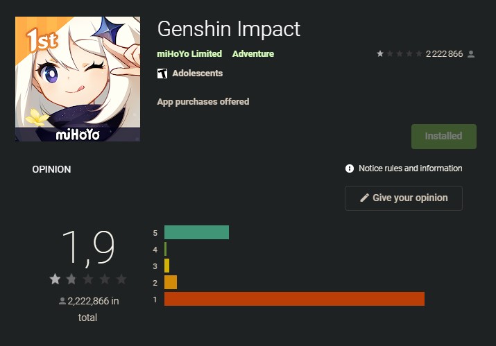 Genshin Impact Google Play review bombing